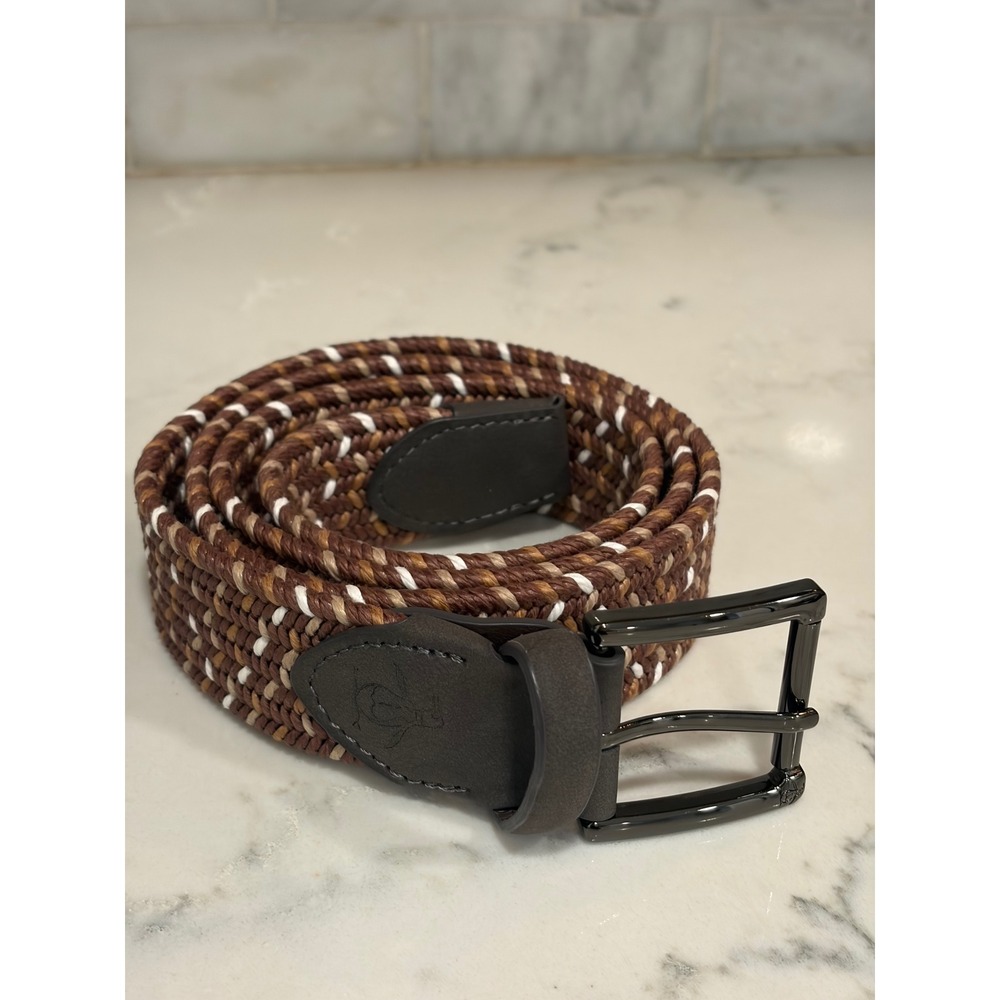 Original Penguin Mens Braided Stretch Belt Brown Tan White Size M 34-36 HN36917